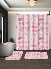 1/4 件套防水涤纶浴帘，带樱花蝴蝶结和水果图案，包括 12 个挂钩，浴室装饰，防水，可机洗，适用于家庭、酒店、公寓，精美礼物 - 彩色 - 查看 2