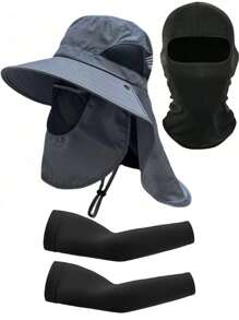 3 Pieces 1 Set Of Men's UPF50+ UV-Proof Outdoor Sports Set|Salt-Resistant Wide-Brim Sun Protection Hat + Moisture Absorption And Quick-Drying Neck Protection Mask + Ice Silk Anti-Sea Corrosion Sun Protection Sleeve|Applicable To Fishing/Camping/Golf/Applicable To Hiking/Kayaking/Beach/Motorcycle/Skiing|Breathable And Quick-Drying Four-Season Outdoor Sun Protection Equipment Set
