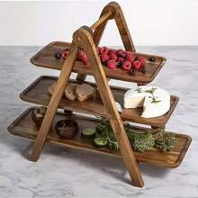 Bandeja de servir de madera de 3 niveles, madera dura de acacia, sin necesidad de energía, organizador de cocina, soporte de exhibición para buffet para uso doméstico, hotel y restaurante