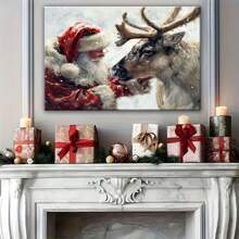 Wooden Framed Santa Claus Petting Reindeer Canvas Wall Art - Festive Christmas Decor For Home, Bedroom, Or Office - Ready To Hang -Vibrant Holiday Design, Seasonal Artwork | Modern Framed Art | Wooden Frame Canvas, Holiday Decorations