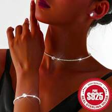 925 Sterling Silver Light Luxury Temperament Four Piece Set, Necklace, Earrings, Bracelet, Hypoallergenic, High-End Banquet, Wedding, Party Jewelry Gift For Womensilvery - Four Piece Set - View 3