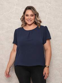 ONLYONE - WOMEN'S SHORT SLEEVE PRINCESS PLUS SIZE BLOUSE WITH LIGHT DUNES NECKLINE DETAIL - WOMEN'S BLOUSES - 藏蓝色 - 查看 1