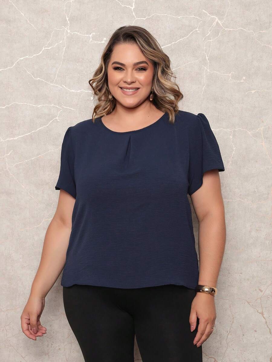 ONLYONE - WOMEN'S SHORT SLEEVE PRINCESS PLUS SIZE BLOUSE WITH LIGHT DUNES NECKLINE DETAIL - WOMEN'S BLOUSES - 藏蓝色 - 查看 1