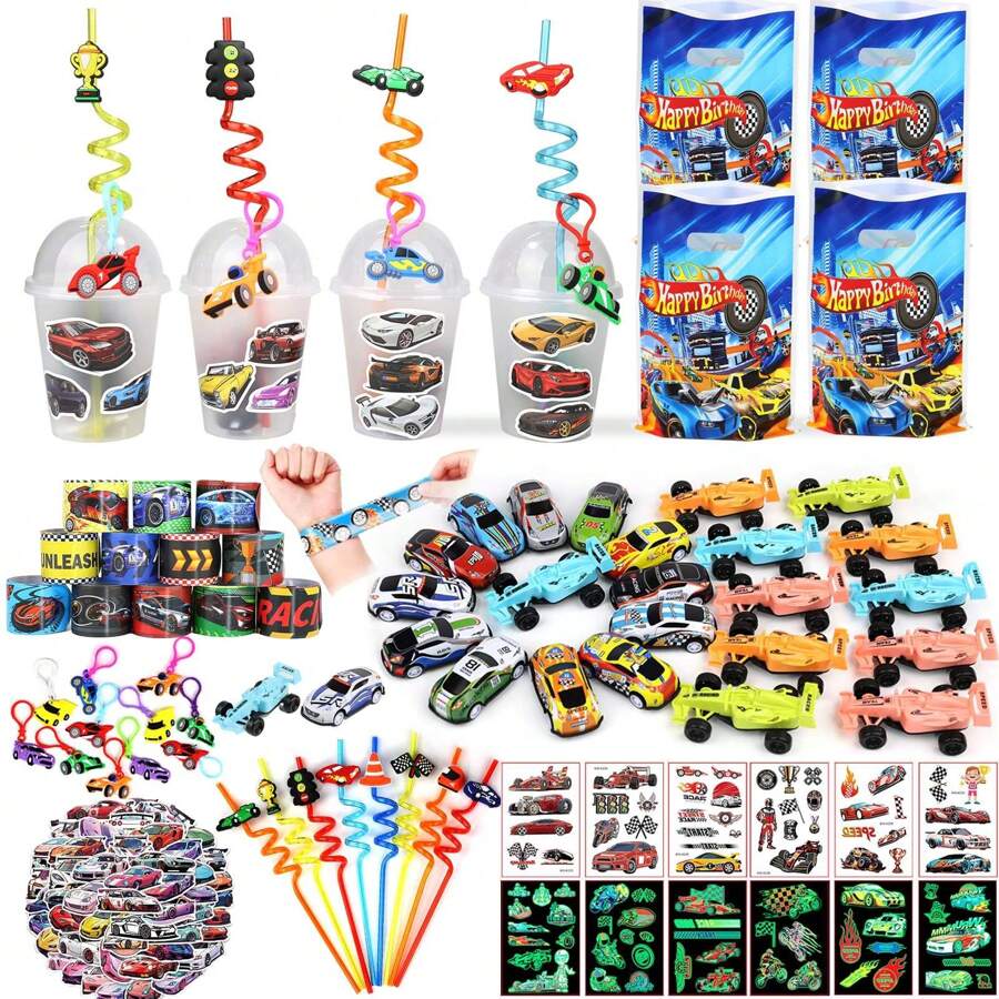 Racing Car Party Favors Set, Including Gift Bags, Straws, Stickers, Keychains, Cups, Lids, Rally Cars, Glow-In-The-Dark Stickers, Bracelets - Perfect For Birthday Parties. 166 Pcs - 彩色 - 查看 1