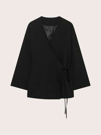 Casual Solid Color Tie Sash Robe Style Jacket, Suitable For Spring Autumn