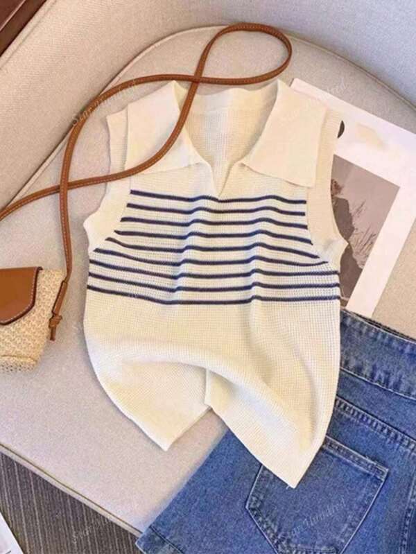 Maglione lavorato a maglia elegante a righe con colletto, taglie comode