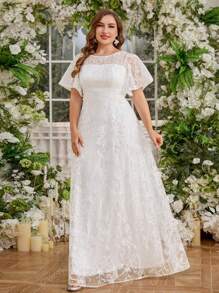 UNITHORSE UNITHORSE [Willekeurige snit] Plus-size elegante jurk met bloemenborduurwerk en ruches aan de mouwen voor dames, modieuze witte bruidsmeisjesjurk, trouwjurk, volledig witte feestoutfit voor dames