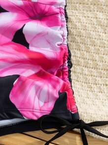 Xinshengyuan 3pcs/Set European And American Fashion,New Year's,Valentine's Day Costumes,Detachable Swimwear Pad,Cute Casual Halter Neck Backless Drawstring Bikini Set With Hibiscus Floral Print And Sheer Top,Luxury Sexy Elegant Slimming Seaside Beach Party ,Pleated Briefs Pants With Drawstring On The Side,Stylish Swimwear. - Multicolor - View 4