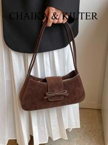 1 pieza Bolso de hombro de tela de unicolor para mujer, bolso bandolera de silla de montar de moda retro con decoración de lazo, cierre con hebilla y asas dobles, adecuado para uso diario y al aire libre, bolso, bolso de inspiración retro para mujer