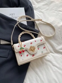女士多功能高品质时尚樱桃印花手提包，时尚小方斜挎包，春夏新品系列 - 白色 - 查看 5