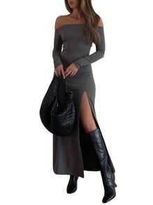Women's  Summer  Slin Fit Off-Shoulder Long Dress Solid Color Long Sleeve High Slit Backless Dress - Dark Grey - View 6
