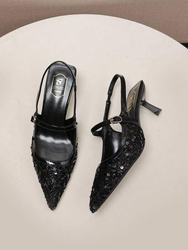 Tacones altos negros de punta elegante para mujer, tacones altos delgados, tacones altos versátiles y sencillos con lentejuelas metálicas, adecuados para fiestas, bodas y trabajo diario - Moda versátil, de corte bajo, fáciles de usar, zapatos de estilo Mary Jane