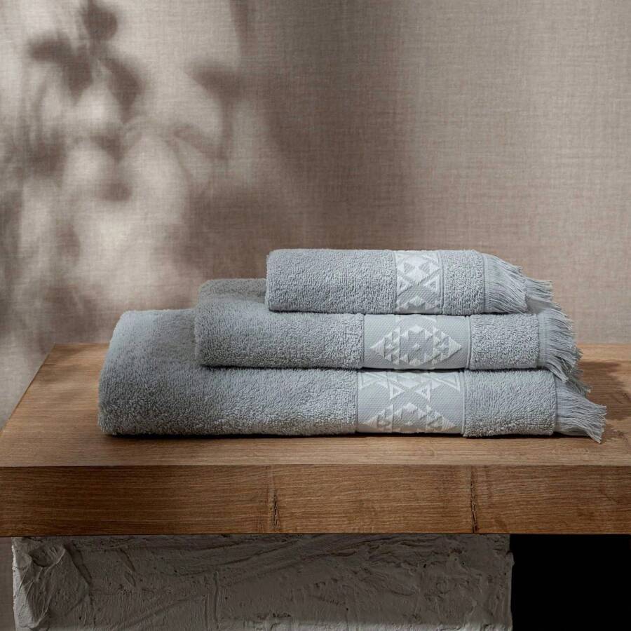 Green Black Turkish Cotton 100%| Hereke 3 Pcs Towel Set | 1 Piece 30x50 Cm Hand Towel, 1 Piece 50x80 Cm Face Towel, 1 Piece 70x140 Cm Bath Towel - Grey - View 1