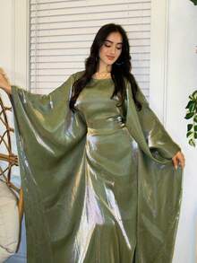 1 bucată halat de baie pentru femei, culoare solidă, satin, elegant, casual, versatil, lucios, cu panglică, talie cu mânecă tip liliac, confortabil și respirabil, potrivit pentru purtare zilnică, sărbători și ieșiri, caftan modest