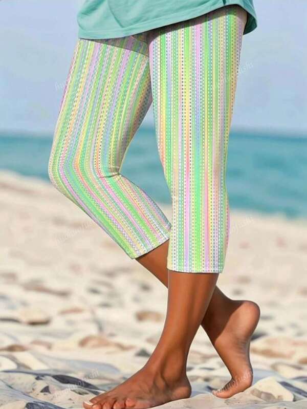 Mallas cortas a rayas multicolor para mujer talla grande - Cintura alta, elásticas y cómodas, con cintura elástica, para uso casual de verano, con llamativas rayas verticales, lavables a máquina