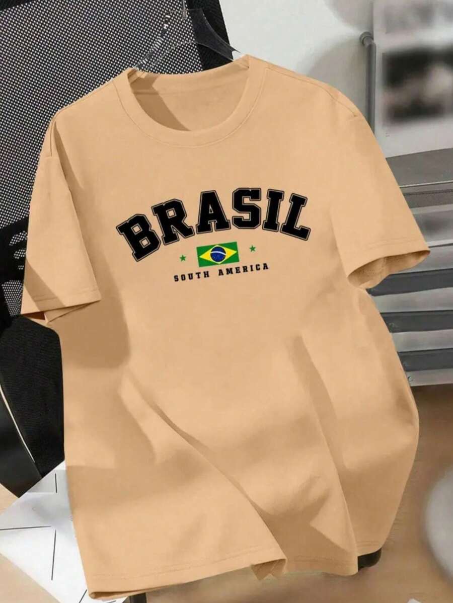 Men's And Women's Shirts With Brazil Print, 100% Cotton, Summer Fashion - 卡其色 - 查看 1