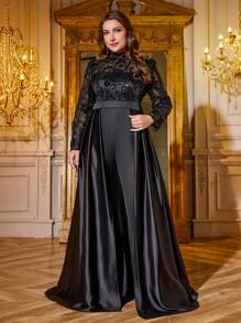 SUPGIR Plus Women's [Random Cut] O-Neck Long Sleeve Sequin Three - Dimensional Flower Slim-Fitting Trousers Satin Maxi Ball Gown Evening Dress - 黑色 - 查看 3