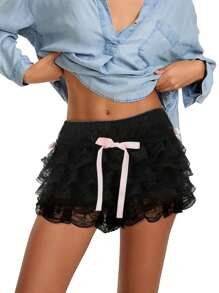 Womens Lace Bloomers Elastic Waist Satin Bowknot Pumpkin Shorts Summer Layered Ruffle Shorts - Black - View 1