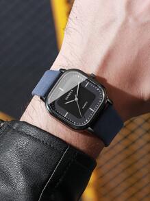 3pcs Set: Men's Square Minimalist Dial Quartz Watch & Leather Belt Accessories, Excluding Watch Box - Multicolor - View 5