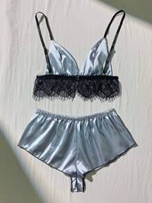 1 Set Pigiama da donna sexy in 2 pezzi, con top in pizzo traforato, in seta charmeuse elasticizzata