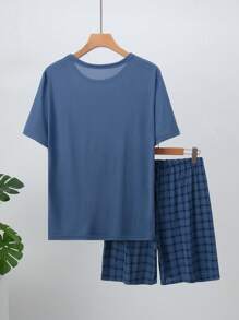 2pcs Men's Lightweight Short Sleeve Pajama Set, Short Sleeve Casual Loungewear Set For Summer - Baby Blue - View 3