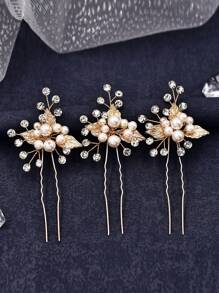 1 Conjunto de Três Pentes Laterais de Folha de Liga Doce e Adorável com Pérola Falsa, Brilhante Strass, Romântico, Acessórios para Cabelo de Noiva, Casamento, Coiffure, Tiara, Festa de Aniversário, Festa de Feriado, Acessórios de Cabelo Delicados de Fada