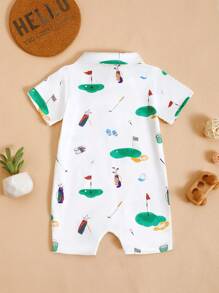 Infant Baby Golf Print White Short Sleeve Romper, Soft Comfortable Fabric, Suitable For Outdoor Sports & Activities