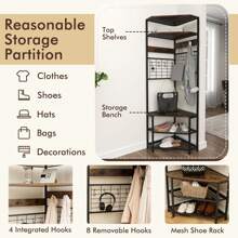 Corner Hall Tree Hallway 5-Tier Coat Rack With Shoe Storage Bench - Brown - View 8