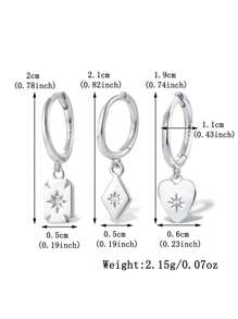 3pcs 925 Sterling Silver Earrings, Fashion Personalized Elegant Geometric Square Diamond-Shaped Heart Pendant Earrings, Suitable For Men And Women Daily Party To Wear Low Allergy Hoop Earrings, Perfect Birthday, Valentine's Day, Easter, Thanksgiving Jewelry Gifts