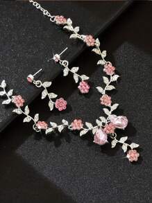 1 套向日葵水晶首饰套装：女士项链和耳环、婚礼派对配饰 - 粉色 - 查看 3