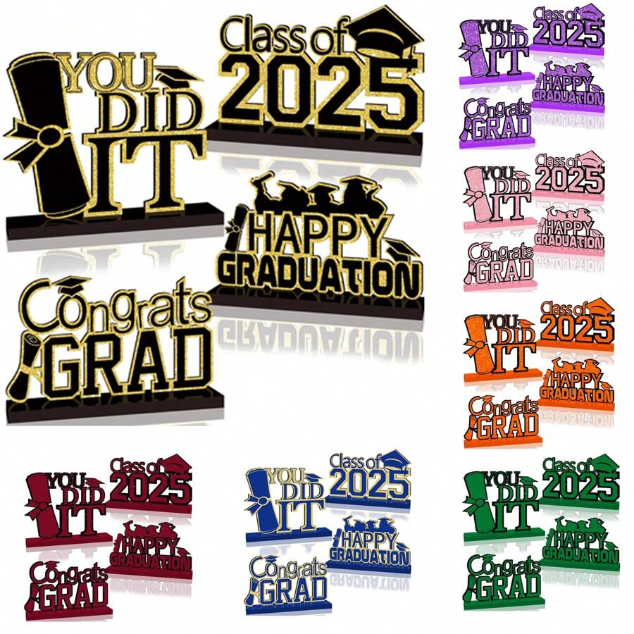 4Pcs Black And Gold Graduation Decorations Class Of 2025 Congrats Grad Wooden Table Centerpieces Grad Table Toppers Congratulate Tiered Tray Decor For 2025 Graduation Decorations - Multicolor - View 1