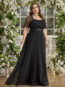 UNITHORSE Vestido de dama de honor elegante de gasa con cuello cuadrado, empalmado de encaje, unicolor, cintura plisada y vuelo para tallas grandes