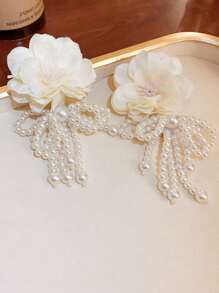 1 Pair Faux Pearl & Flower Tassel Dangle Earrings