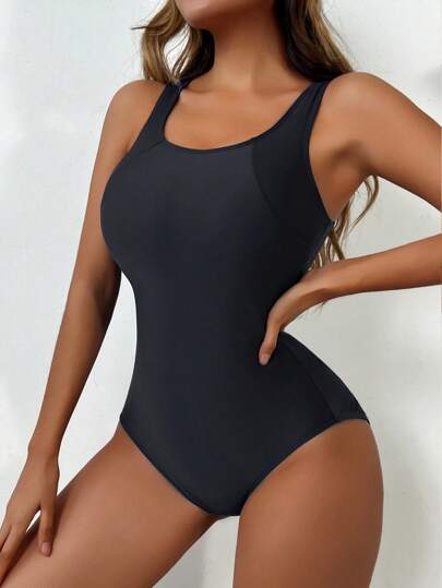 Women's One-Piece Swimsuit, Solid Color, Bodycon Shaping Design, Sports-Inspired, Stretchy Fit, Scoop Neck, Racerback, Suitable For Swimming Training And Beach Activities