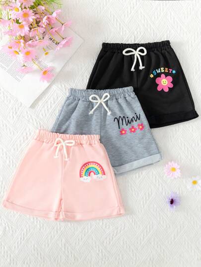 3 件套年轻女孩时尚可爱蝴蝶印花松紧腰针织短裤，夏季户外运动