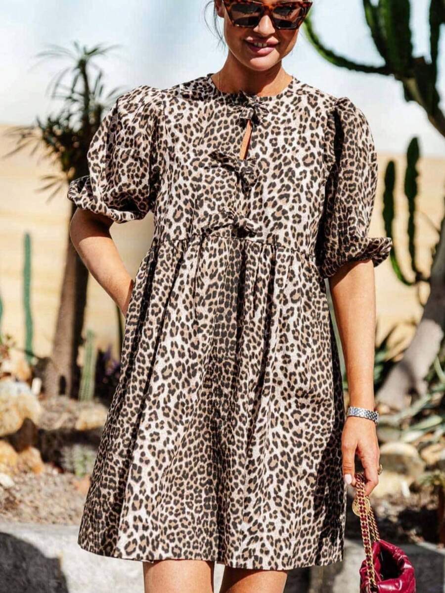 Women's Elegant Leopard Print Round Neck Tie Front Crop Short Sleeve Dress