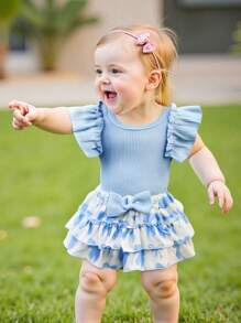 Baby Girl Clothes Newborn Infant Summer Outfits Ruffle Romper And Shorts With Headband Sets For 0-3-6-12-18 Months - Blue - View 5