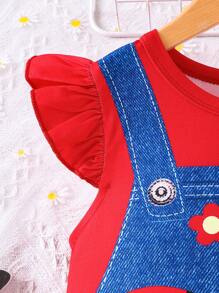 Girls' Casual Floral And Insect Print Dress Machine Washable For Summer - Red - View 4