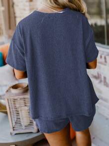 ASVIVID Bộ đồ mùa hè kiểu dáng thường ngày: áo thun và quần short dệt kim gân rộng rãi. - Màu xanh hải quân - Xem 2