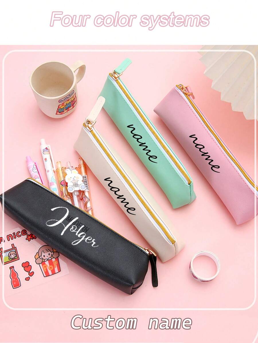 1 Pieza Estuche de lápices de gran capacidad de PU personalizado y personalizado para el almacenamiento de artículos de papelería de estudiantes de primaria y secundaria, creativo multifuncional y sencillo, de vuelta a la escuela - Multicolor - Ver 1