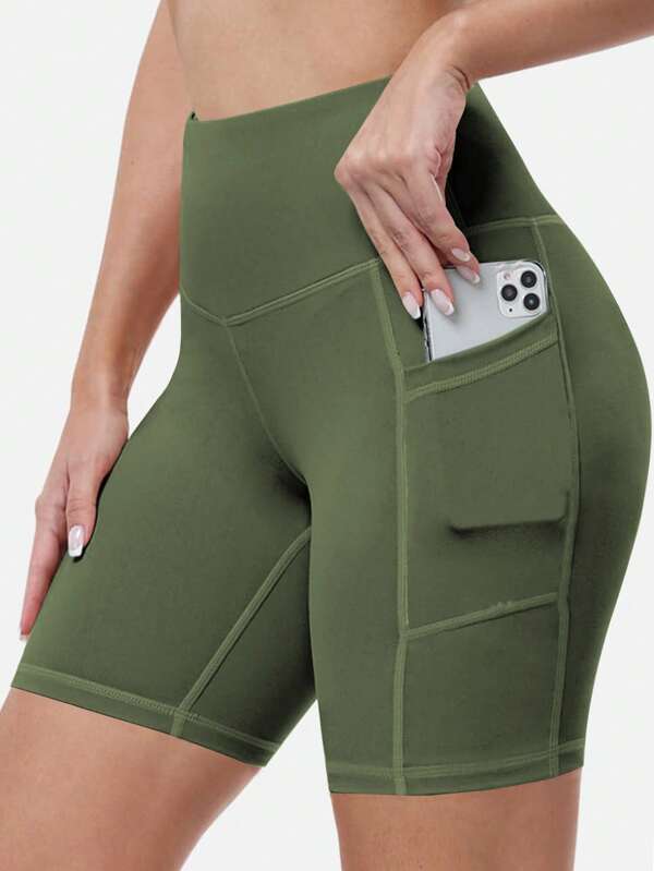 Plus Size Women's Sportswear High Waist Compression Bike Shorts, Slimming Yoga Shorts With Pockets, Fashion Casual Workout Activewear Cycling Shorts, Spring/Summer