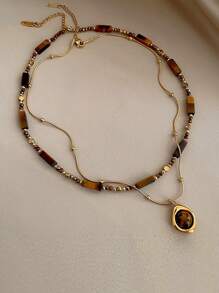 Retro Elegant Layered Tiger Eye Stone Pendant Necklace For Women Stainless Steel Double-Layer Collarbone Chain Sets Jewelry, Ladies' Daily Party Accessories, Fashionable Jewelry, Best Friend Gifts(Natural Stone Color Random)