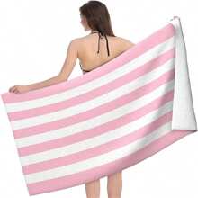1 pieza Toalla de playa grande a rayas rosa, manta suave con resistencia a la arena, adecuada para piscina, playa, toalla de baño grande, chal para mujer, toalla de baño de secado rápido con impresión digital, toalla de baño esponjosa de doble cara de secado rápido, toalla deportiva absorbente con rayas rosas y azules, toalla de playa portátil, toalla de secado rápido para gimnasia y maratón, impermeable y anti-arena, esencial para la playa y la ducha para parejas