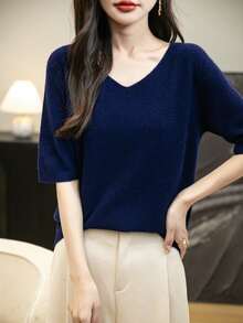 女士 100% 美利奴羊毛毛衣 T 恤可爱夏季上衣优雅单线无缝毛衣女士 V 领短袖针织上衣春夏休闲新款羊毛 T 恤上衣
