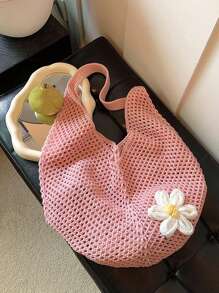 Hollow Woven Straw Bag, Bohemian Style Beach Tote Bag, Hollow Woven Tote Bag, Large Capacity Shopping Beach Bag, Fashion Hollow Woven Straw Bag, Beach Tote Bag, Bohemian Style Beach Bag, Casual Hollow Woven Tote Bag, Vacation - Pink - View 3