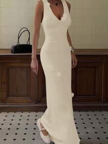 女士优雅 3D 花卉休闲沙滩罩衫连衣裙，适合夏季度假 - 杏色 - 查看 5