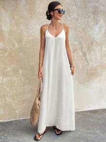 Doriss 女士露背串珠度假纯色吊带裙