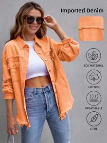 女式加大码破洞牛仔夹克 磨边下摆纽扣前襟男友风牛仔外套 西部牛仔外套 带口袋