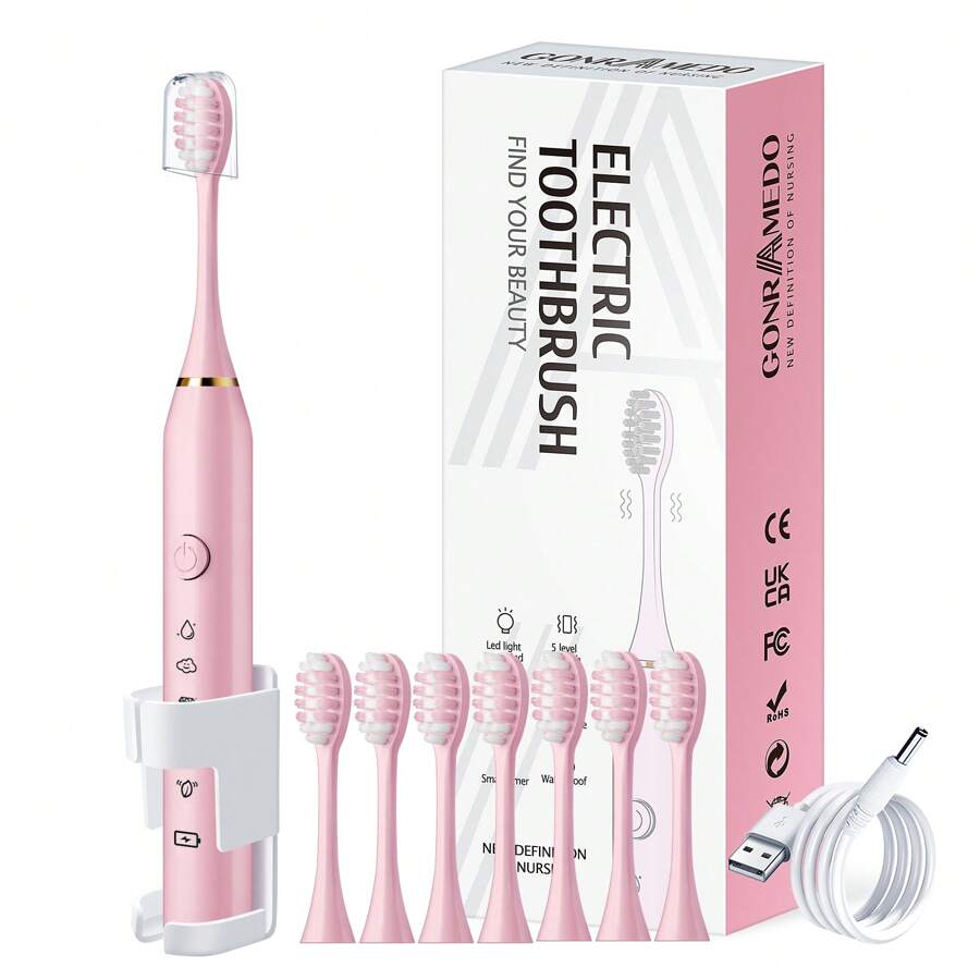 1PC Electric Toothbrush With 8 Replaceable Toothbrush Heads, A Wall-Mounted Bracket And A Dust Cover, USB Charging, 5-Speed Intelligent Cleaning Mode, Toothbrush Body, 7-Level Waterproof, Personal Oral Care Equipment Power Toothbrush, Suitable For Travel, Business Trips And Home Use, Gift Box Packaging For Men And Women - 粉色 - 查看 1