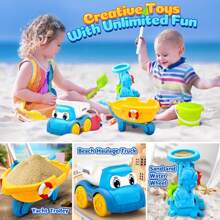 Giocattoli da spiaggia per bambini, set di giocattoli per la sabbia estivi. Comprende kit di attrezzi da spiaggia, stampi, giocattoli per la sabbia adatti per viaggiare, set di giocattoli per la sabbia con ruota per l'acqua, set di attrezzi da spiaggia, secchio, annaffiatoio, stampi.
